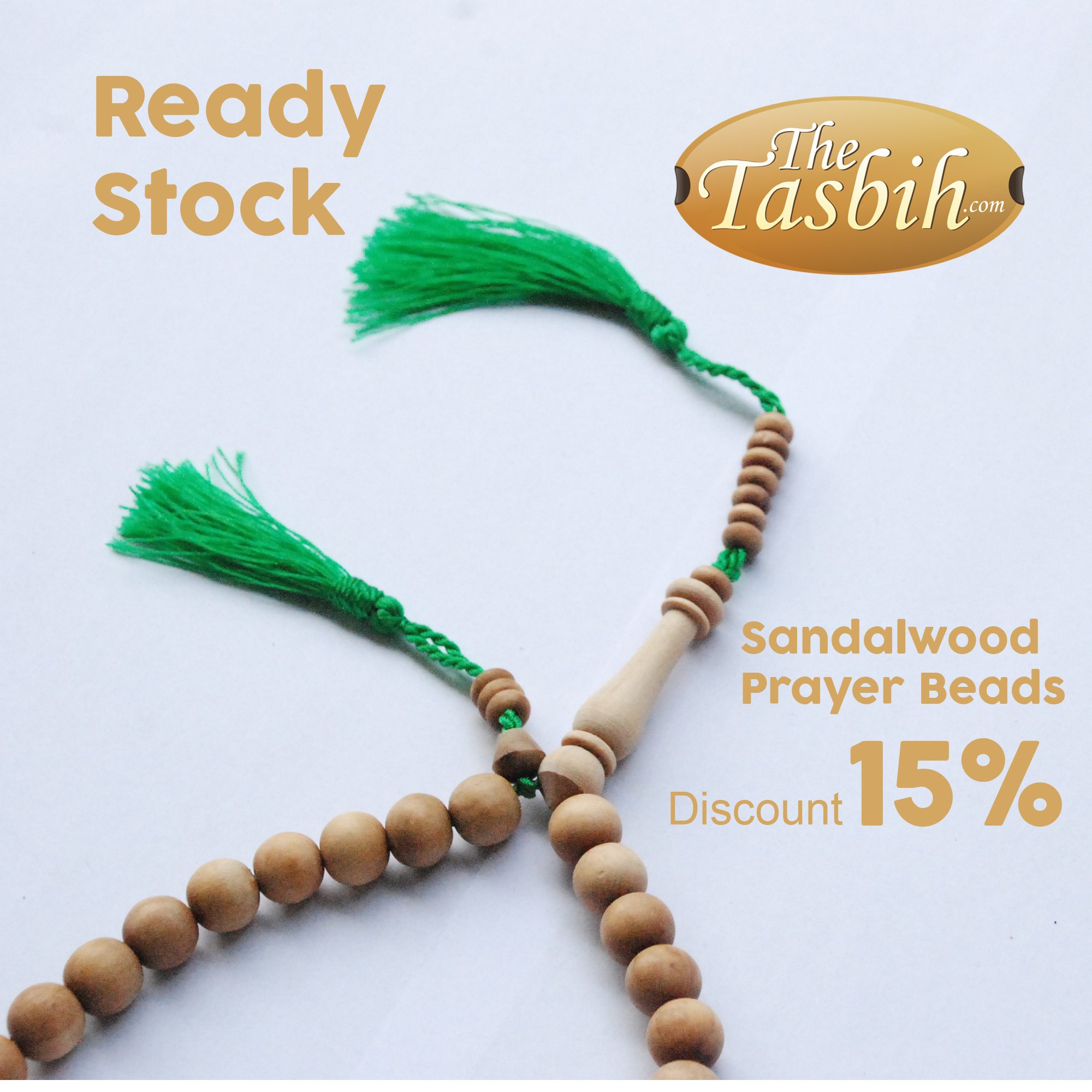 33-Bead Aromatic Sandalwood Tasbih with 2 Madinah Green Tassels