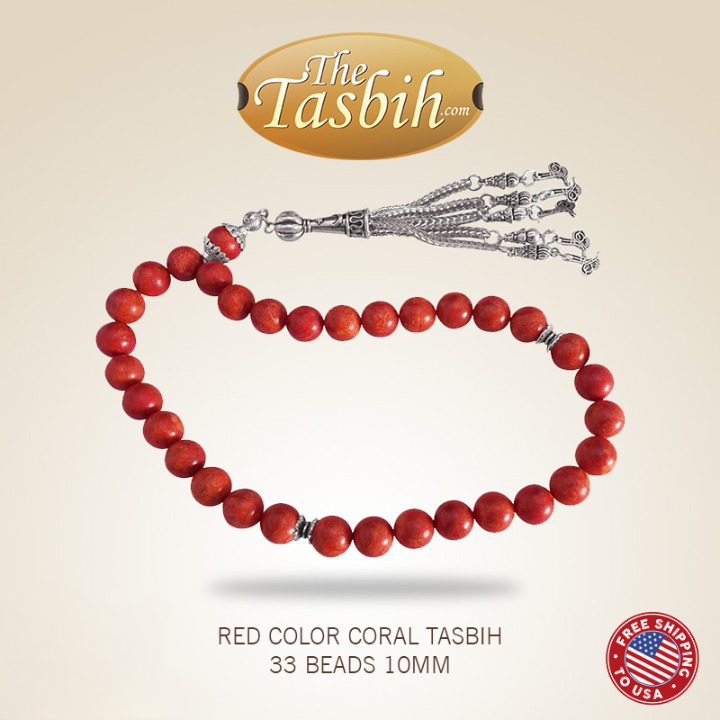 Red sea coral 33-bead tasbih with 5-chain tassel ornamental Turkish Tughra charm.